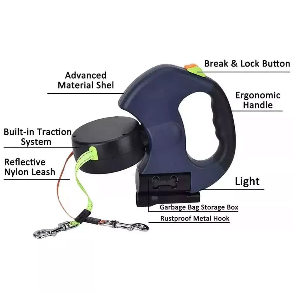 Dual Pet Leash – Retractable Reflective 360° Swivel Lead